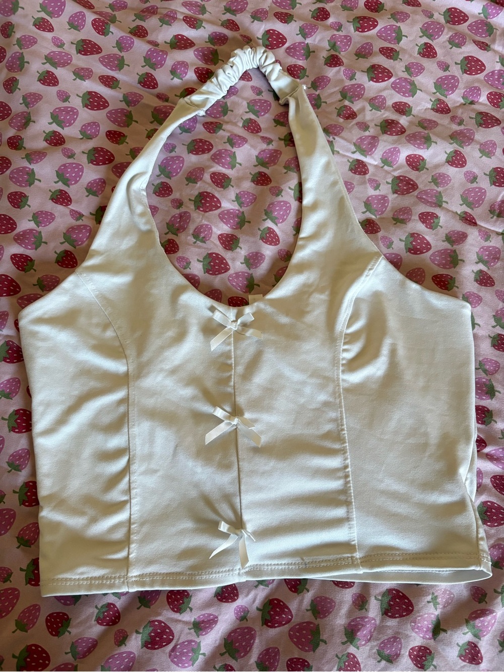 White Halter-Style Crop Tank Top with Decorative Bows
